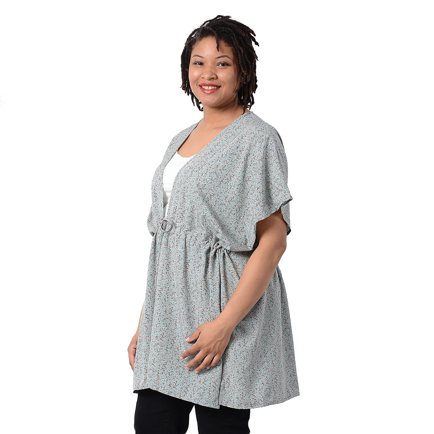 Floral Pattern Kaftan with Waist Belt in Green (Size 90 cm) CB 35in