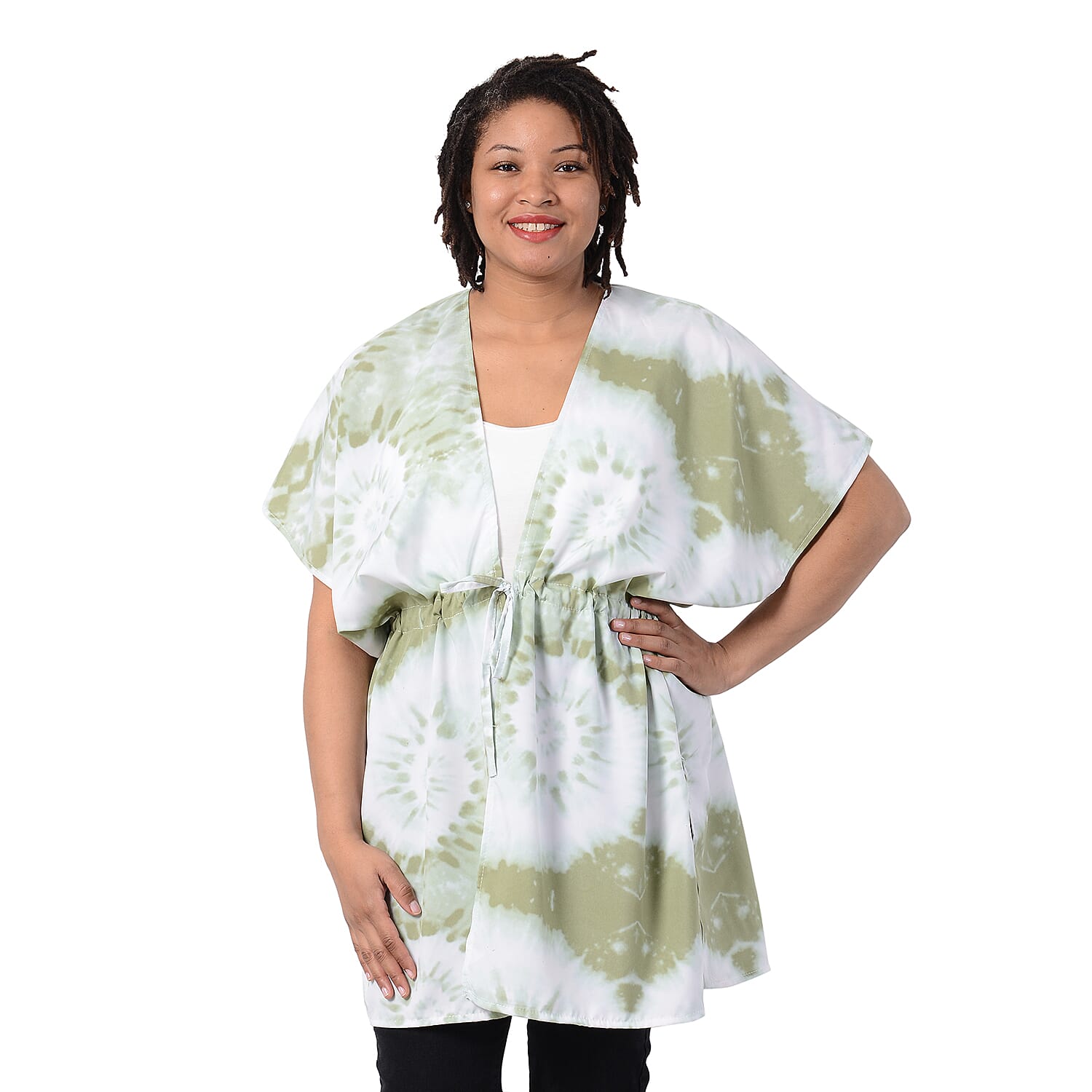 Tie Dye Pattern Kaftan with Waist Belt in Dark Green (Size 90x90cm) CB 35in