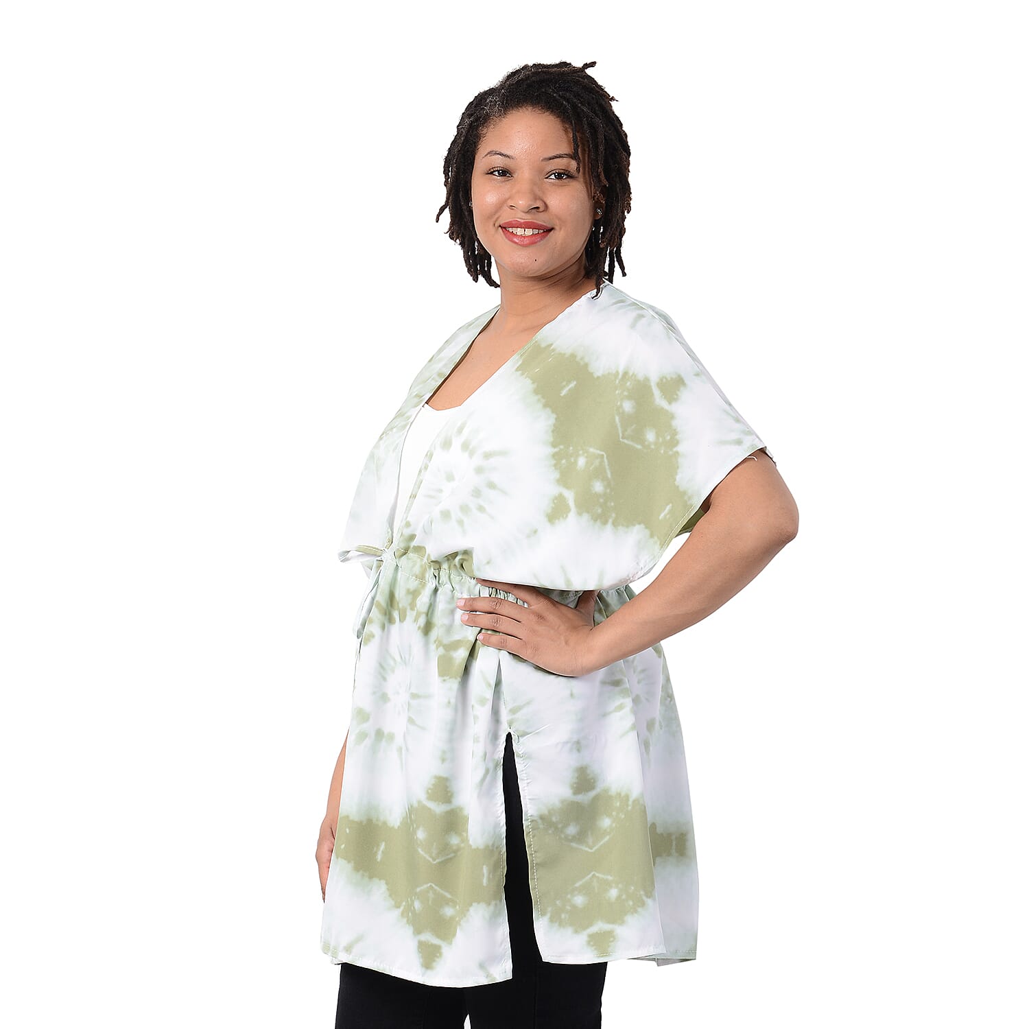 Tie Dye Pattern Kaftan with Waist Belt in Dark Green (Size 90x90cm) CB 35in