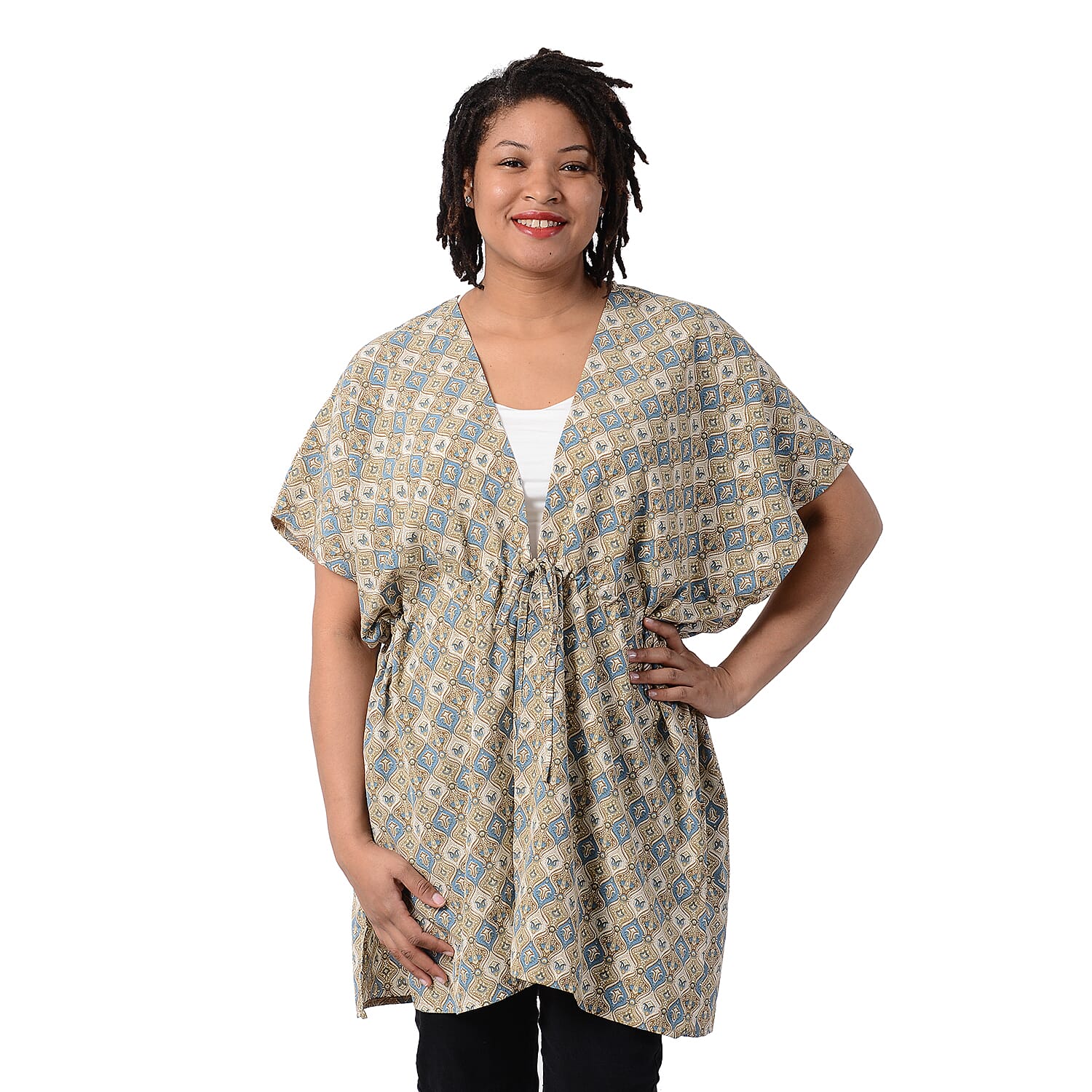 Bohemian Pattern Kaftan with Waist Belt in Blue and Beige (Size 90 cm)