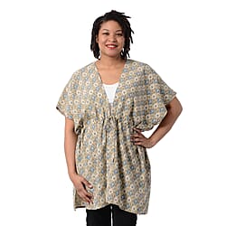 Bohemian Pattern Kaftan with Waist Belt in Blue and Beige (Size 90x90cm)