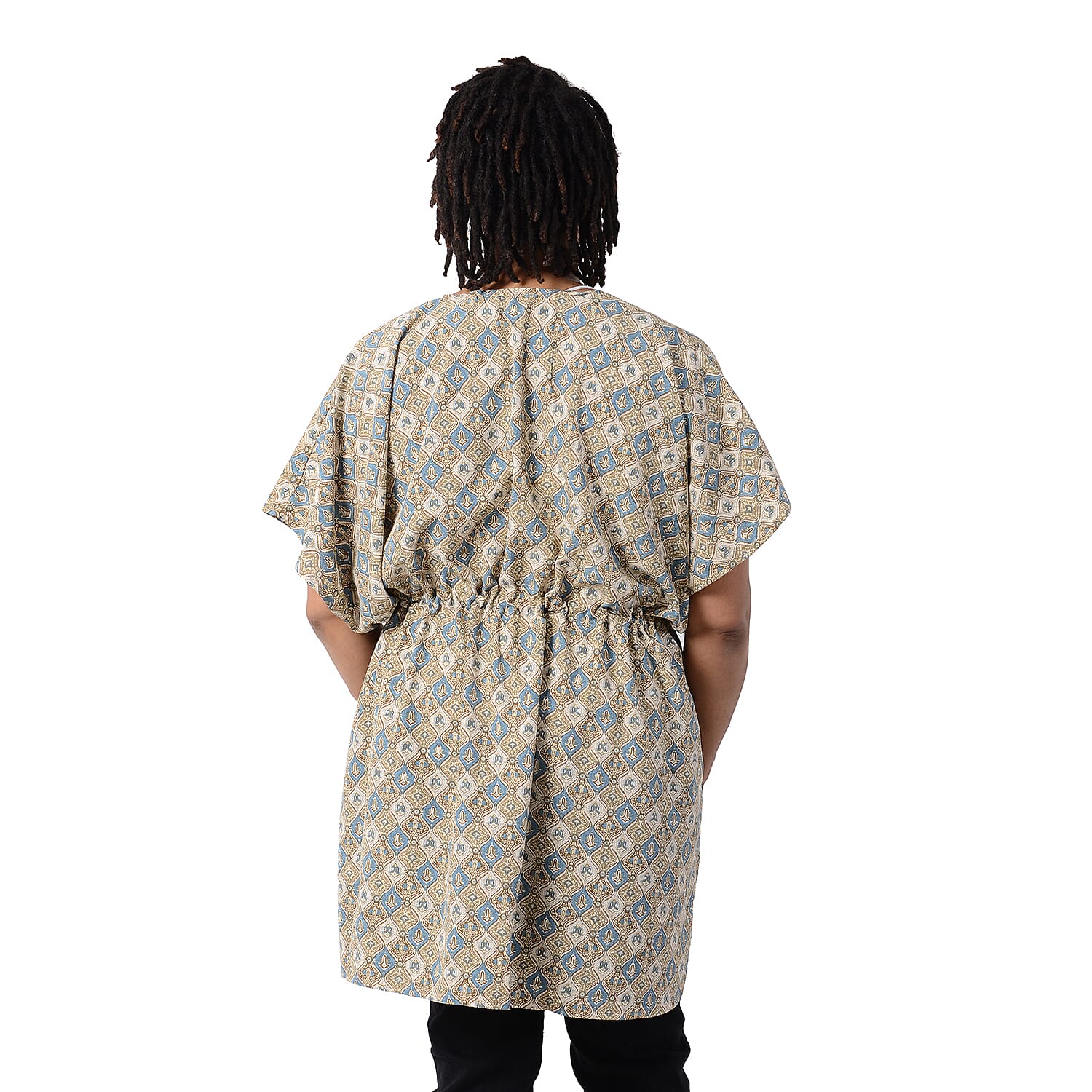 Bohemian Pattern Kaftan with Waist Belt in Blue and Beige (Size 90 cm)