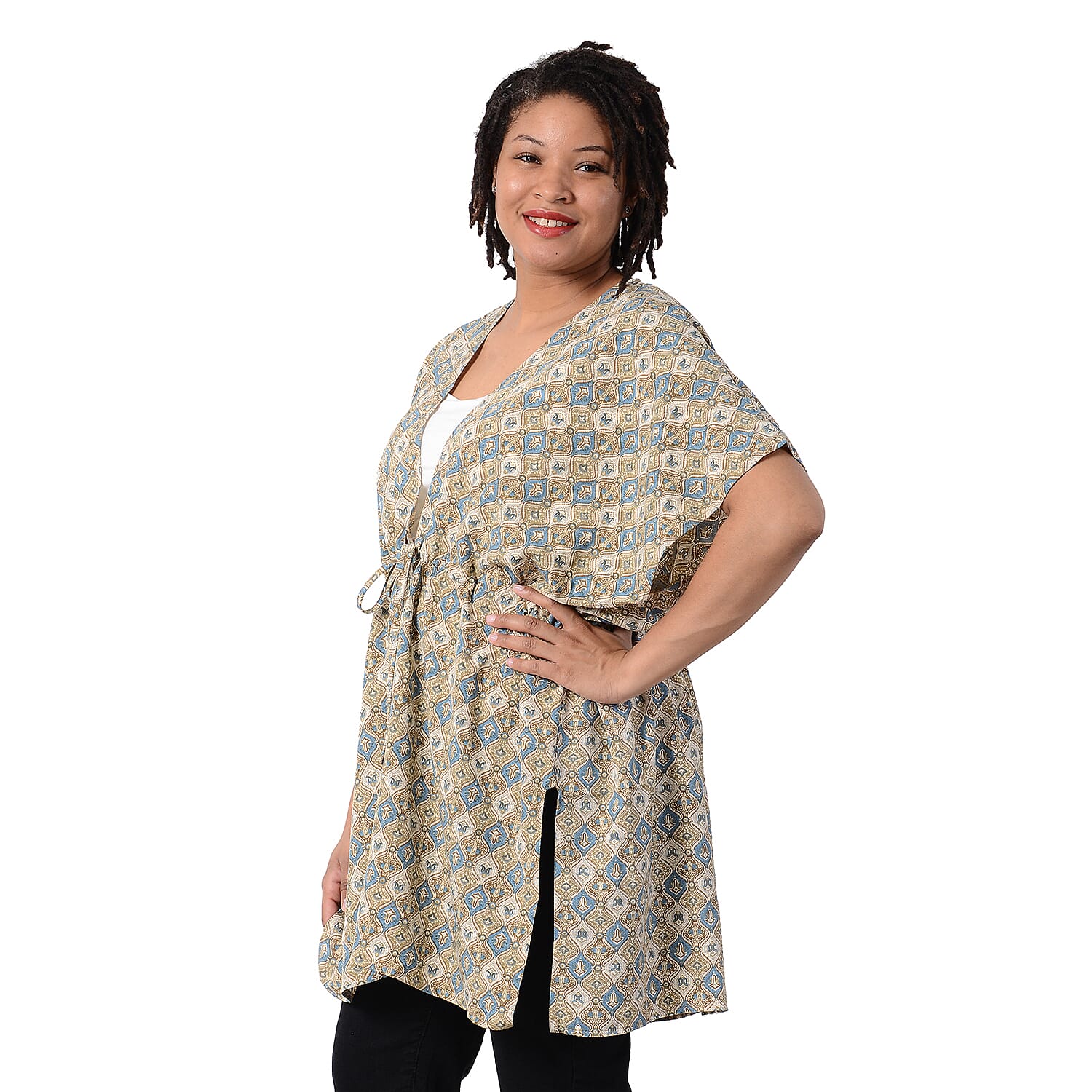 Bohemian Pattern Kaftan with Waist Belt in Blue and Beige (Size 90 cm)
