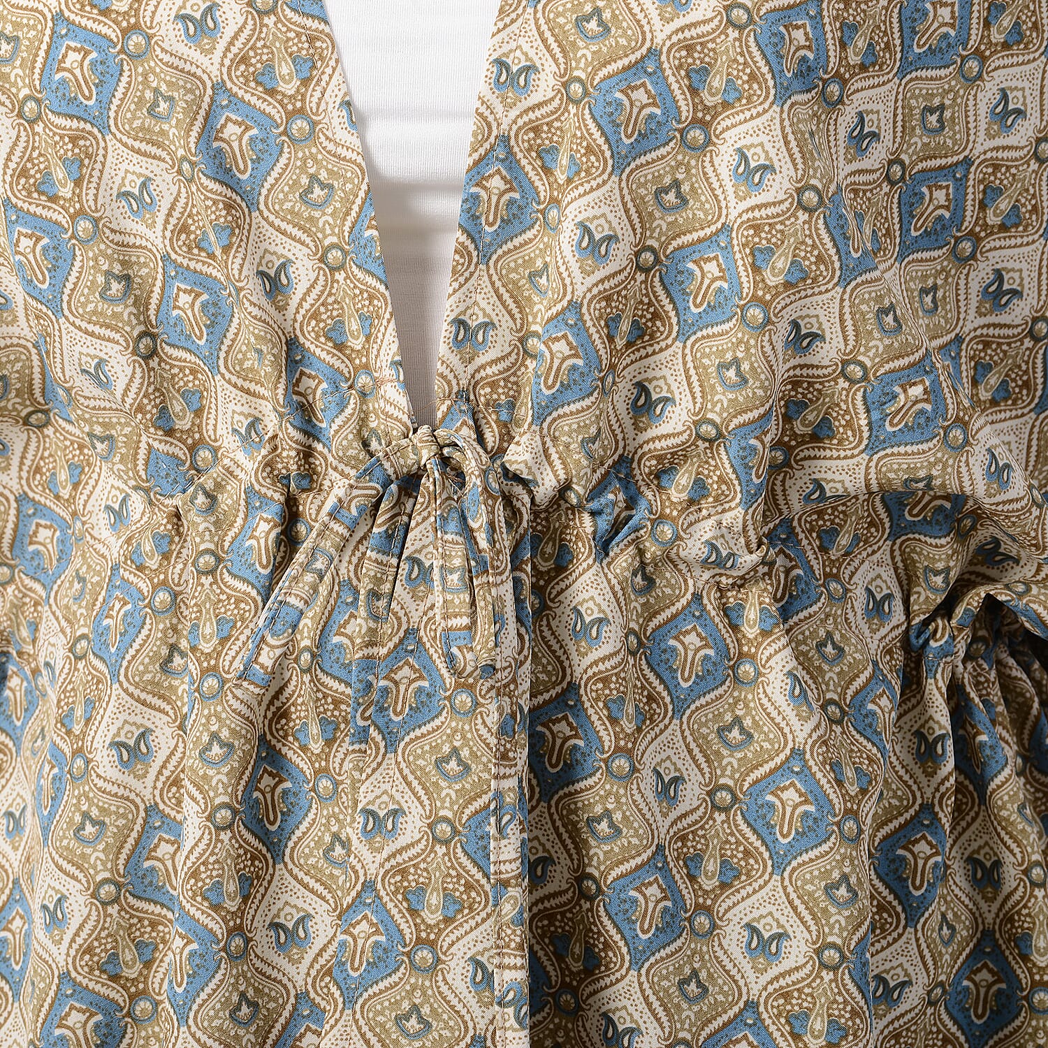 Bohemian Pattern Kaftan with Waist Belt in Blue and Beige (Size 90 cm)