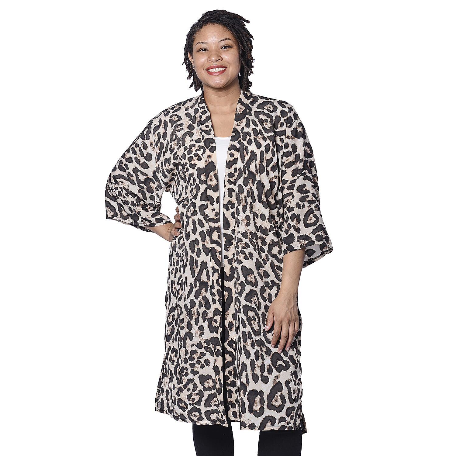 Beige Leopard Pattern Duster Long Kimono (Size upto 24)