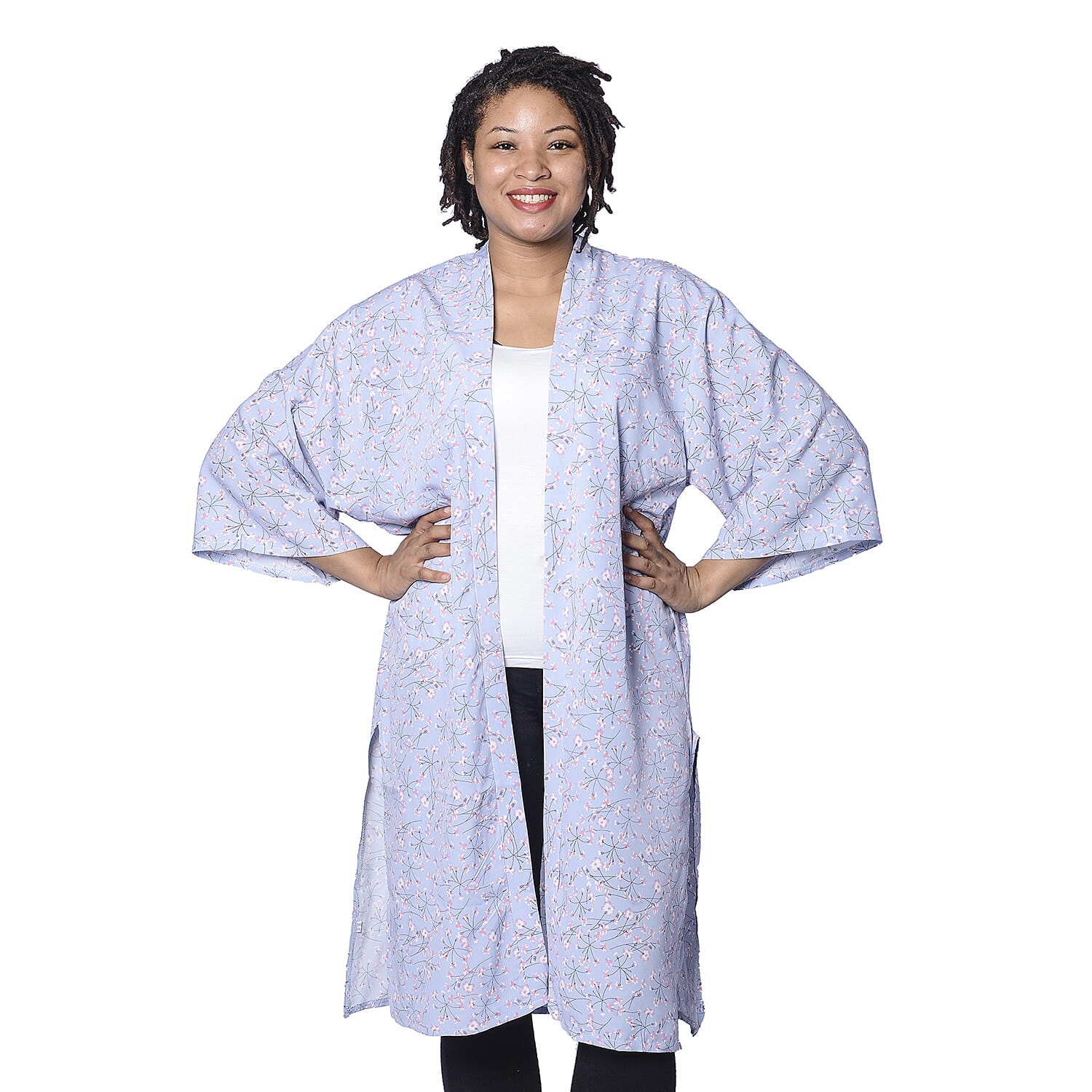 Sky Blue Floral Pattern Duster Long Kimono (Size upto 24)