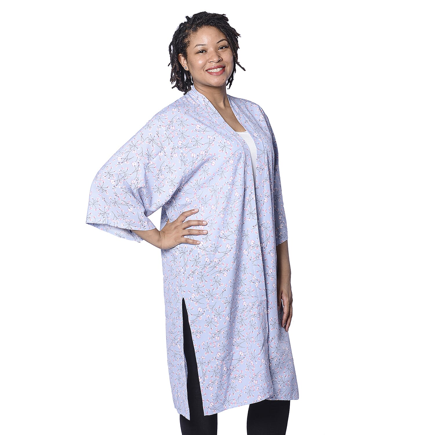 Sky Blue Floral Pattern Duster Long Kimono (Size upto 24)
