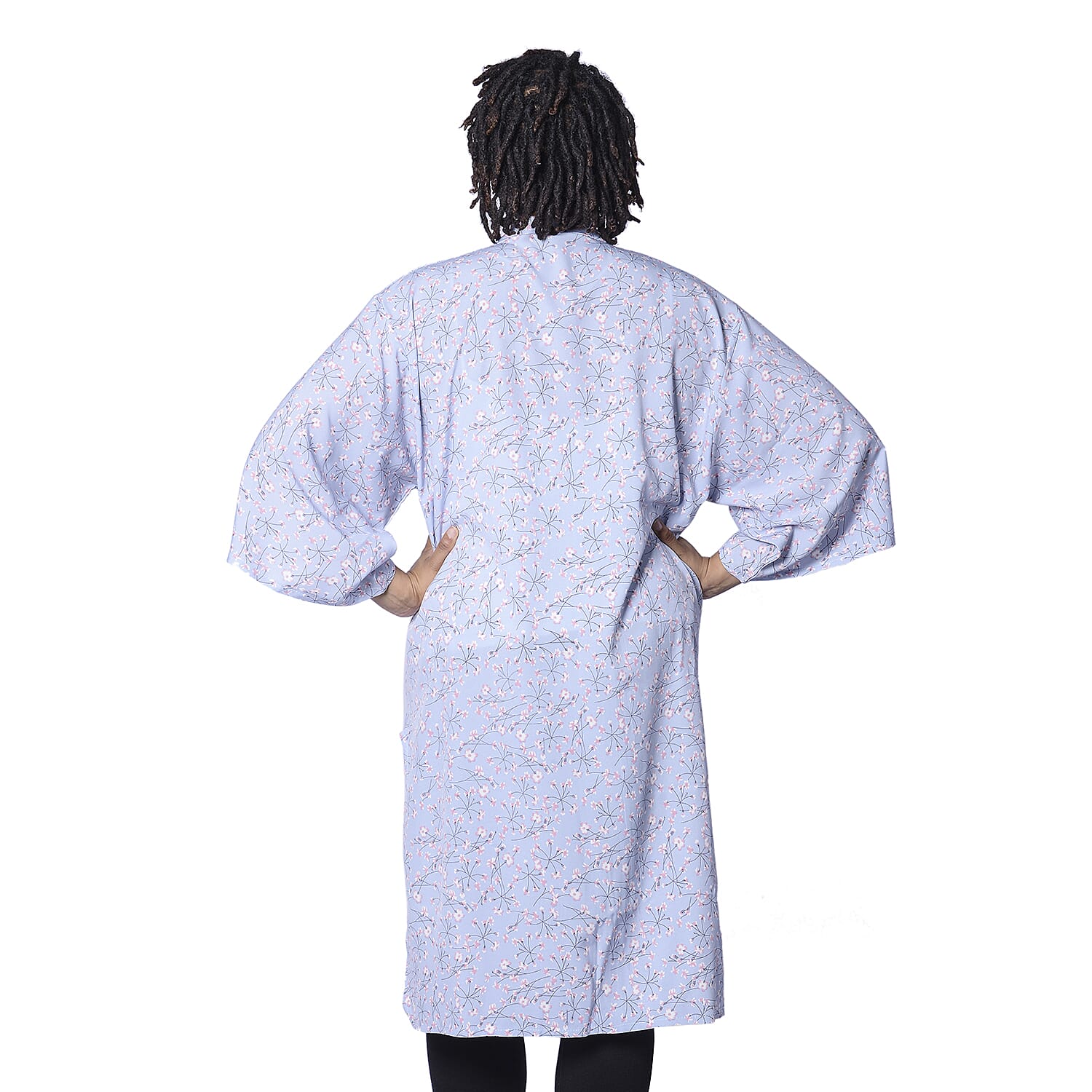 Sky Blue Floral Pattern Duster Long Kimono (Size upto 24)