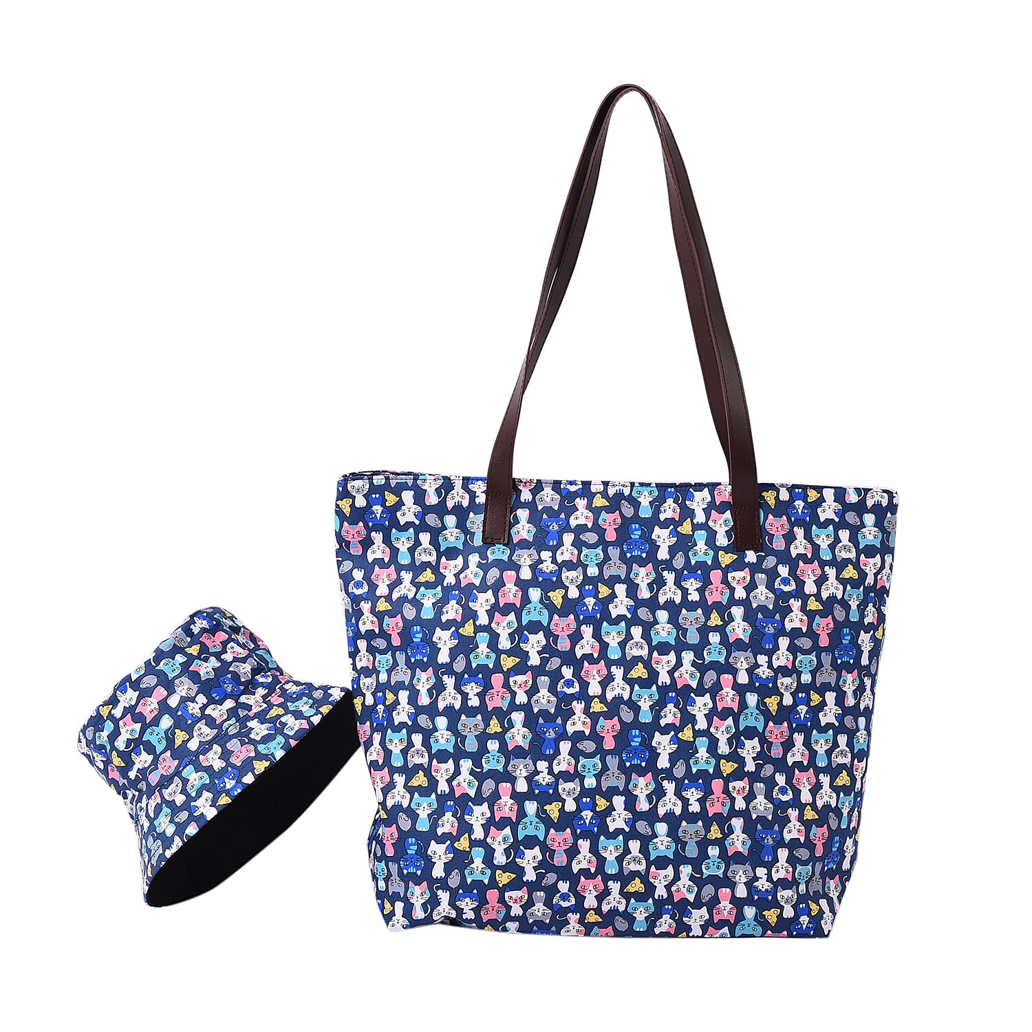Blue and Multi Colour Cats Pattern Tote Bag with Zipper Closure (45x12x35cm) with FREE Matching Hat