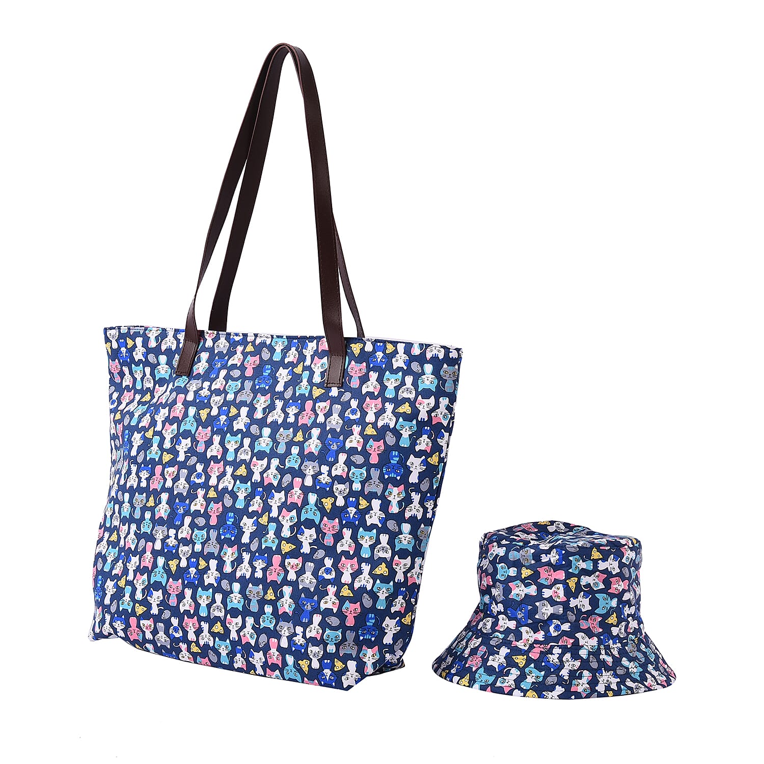 Blue and Multi Colour Cats Pattern Tote Bag with Zipper Closure (45x12x35cm) with FREE Matching Hat