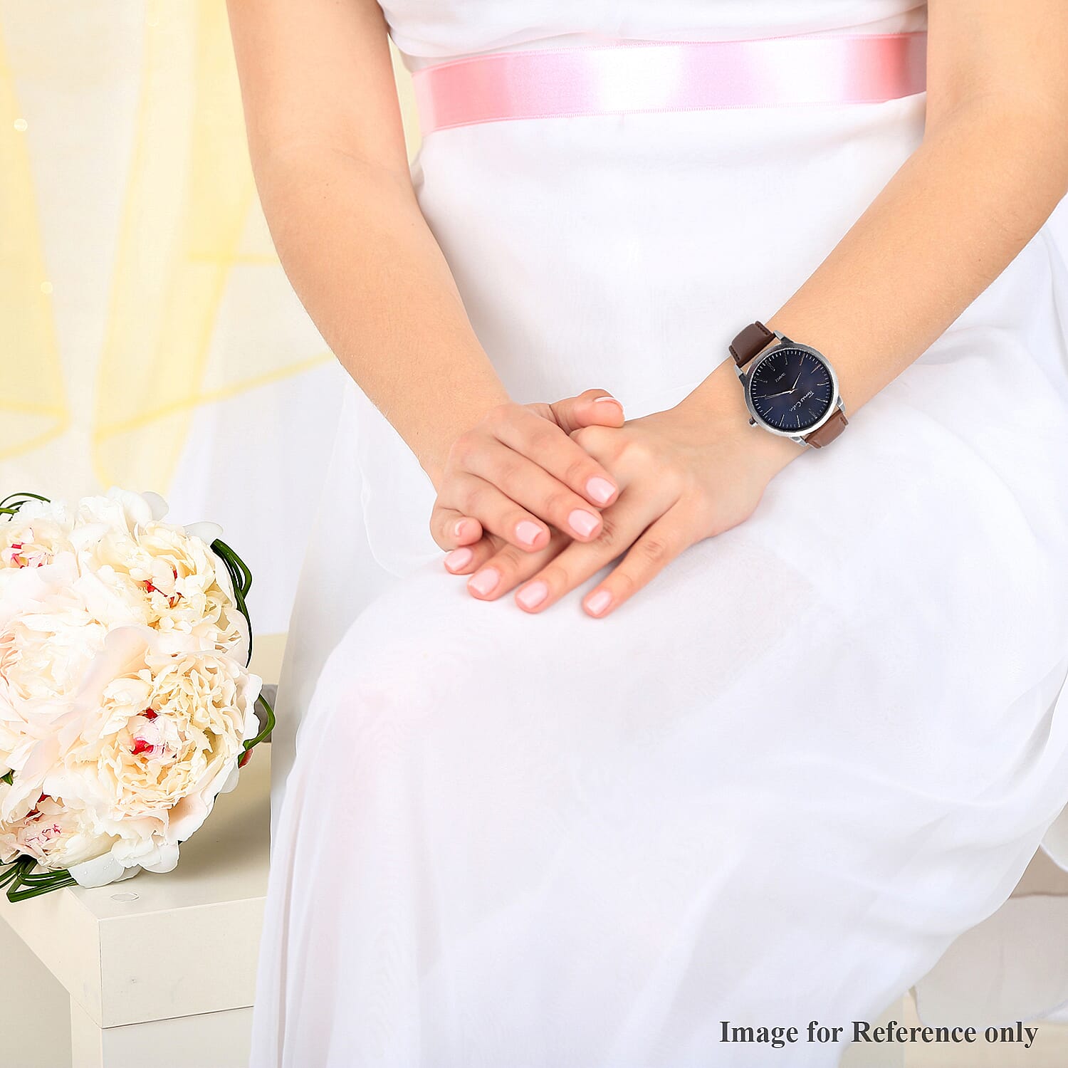 Thomas Calvi Silver Tone with Blue Dial Watch with Tan Strap