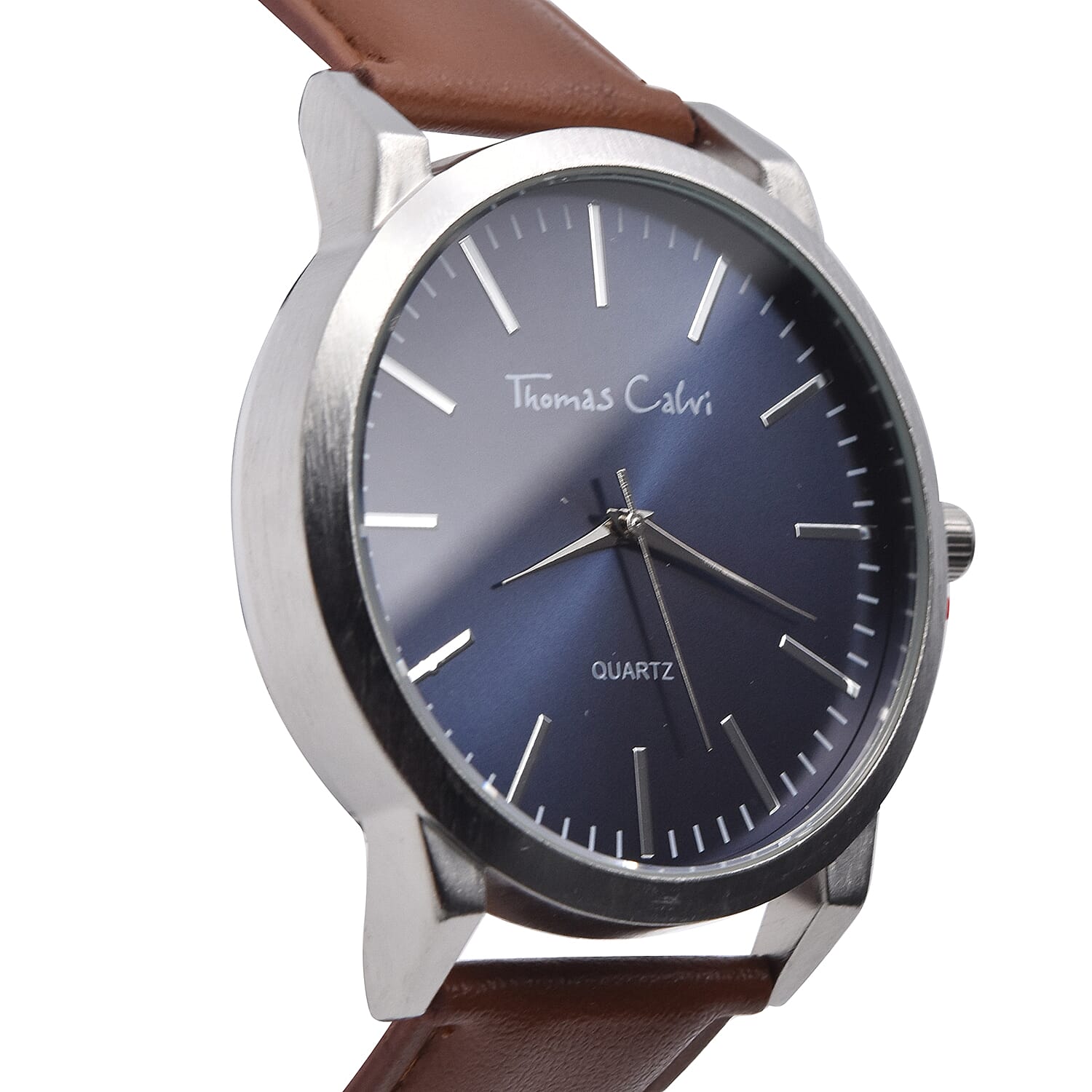 Thomas Calvi Silver Tone with Blue Dial Watch with Tan Strap