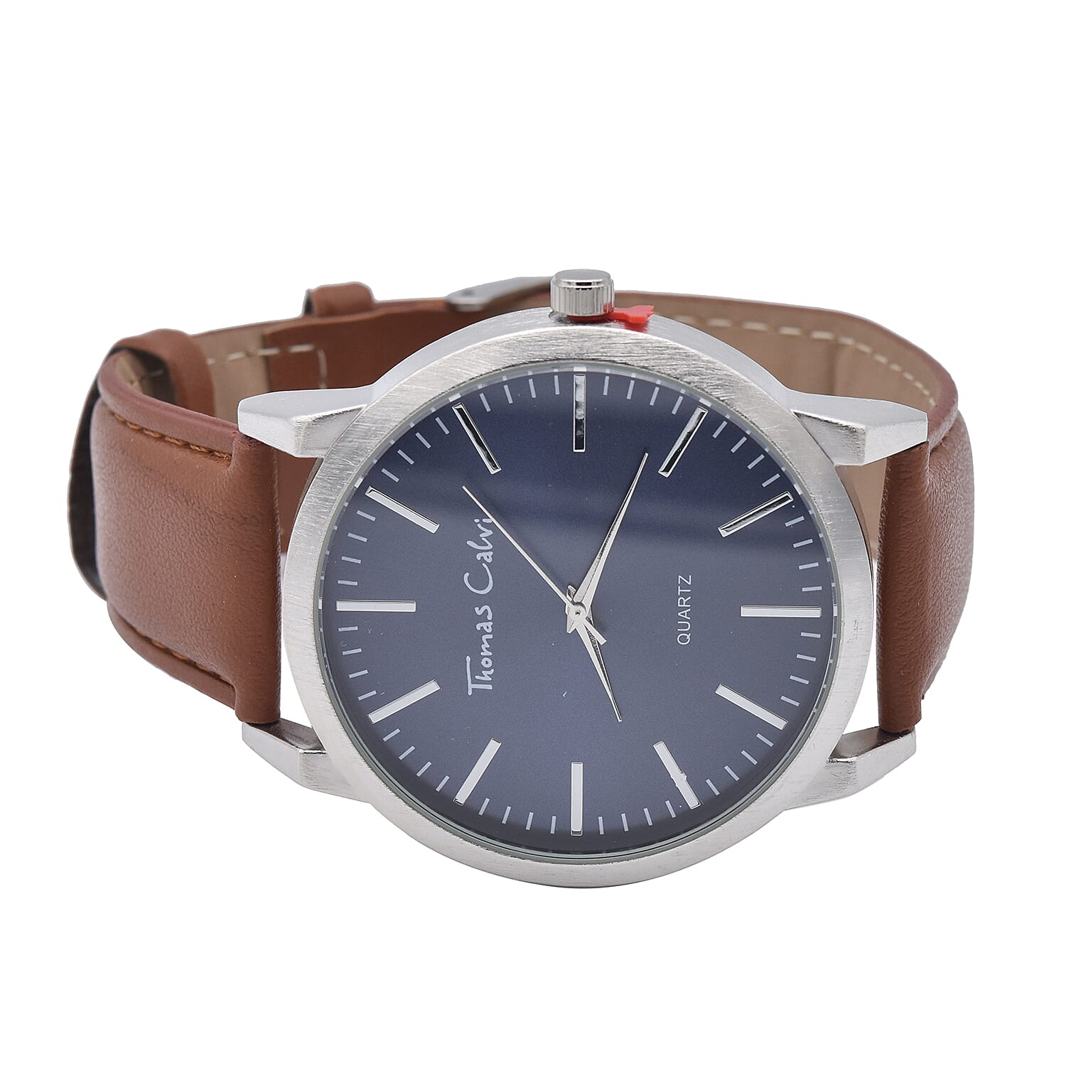 Thomas Calvi Silver Tone with Blue Dial Watch with Tan Strap