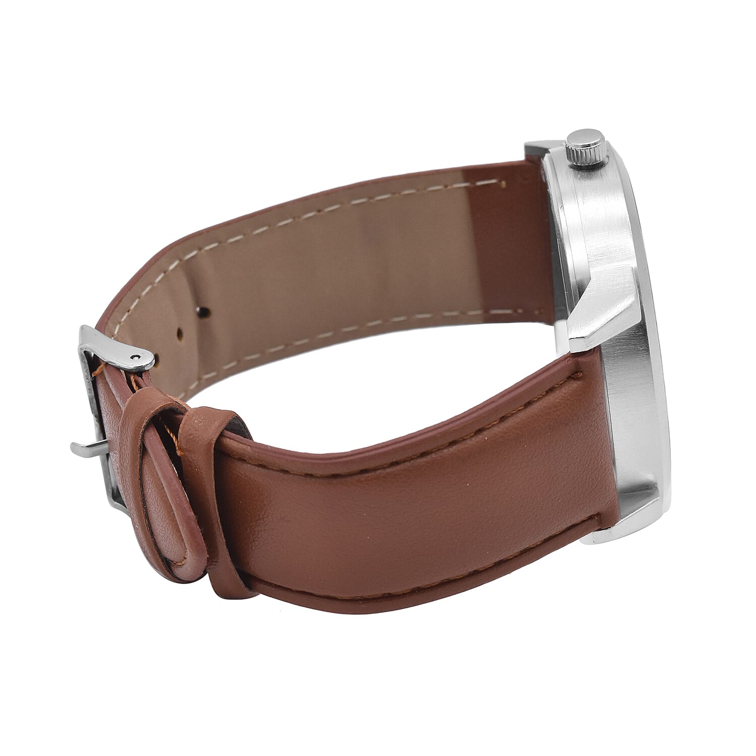 Thomas Calvi Silver Tone with Blue Dial Watch with Tan Strap