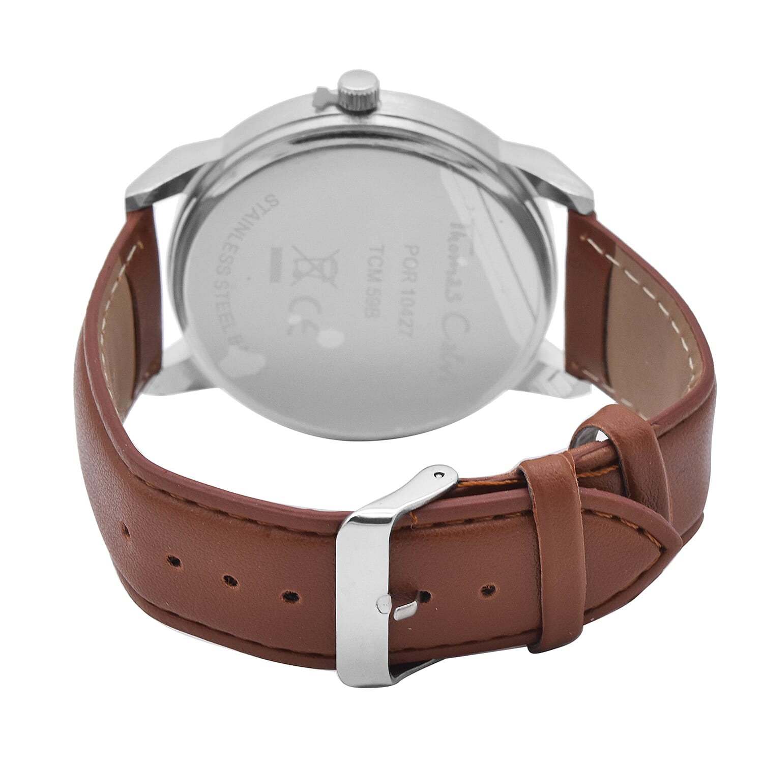 Thomas Calvi Silver Tone with Blue Dial Watch with Tan Strap