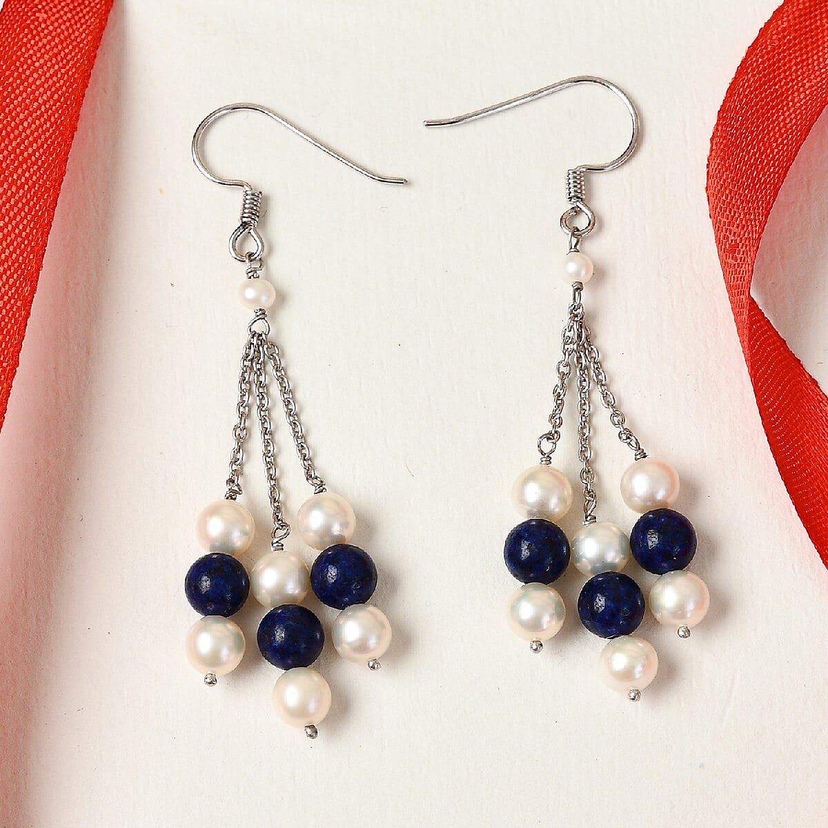 Freshwater Pearl and Lapis Lazuli Dangle Hook Earrings in Sterling Silver