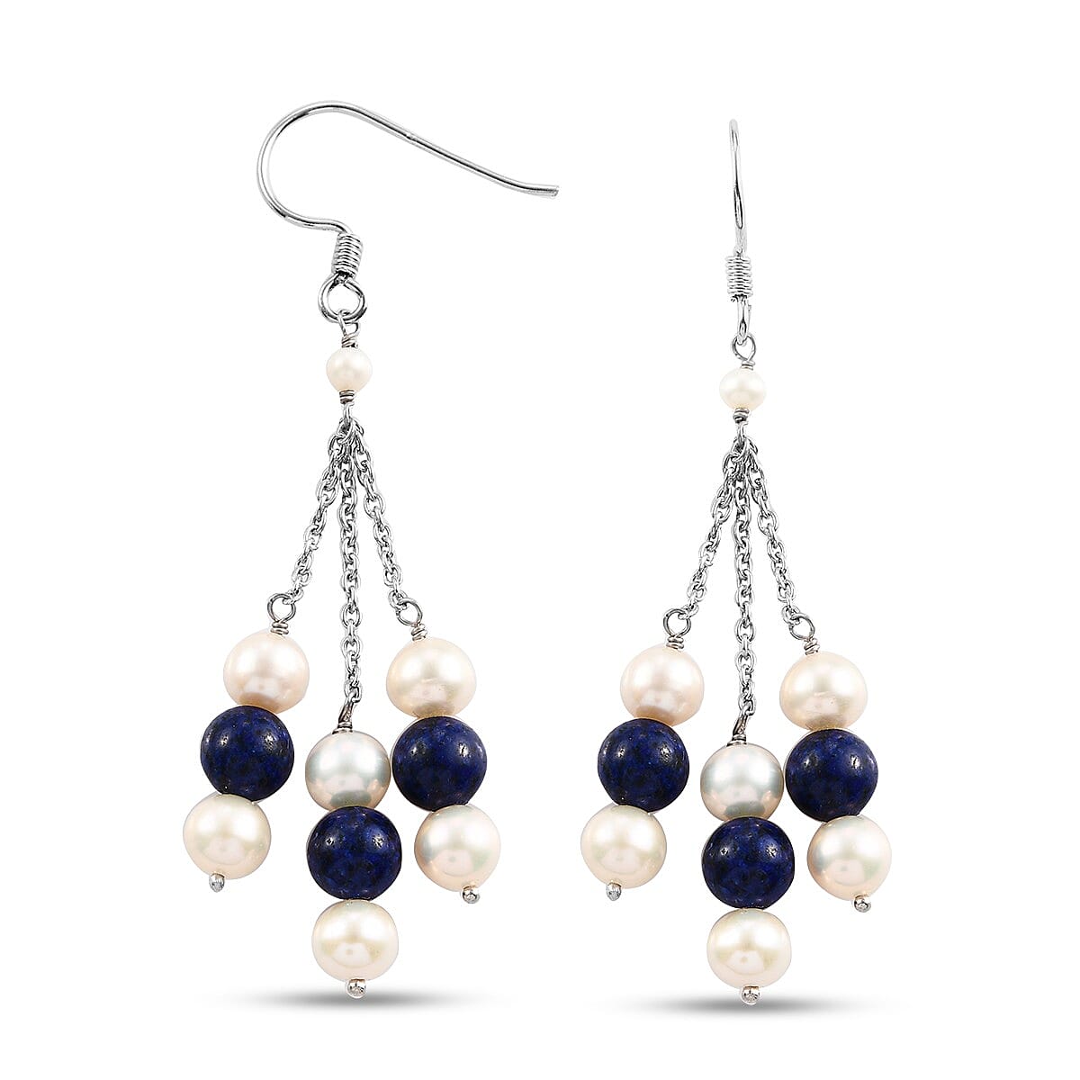 Freshwater Pearl and Lapis Lazuli Dangle Hook Earrings in Sterling Silver