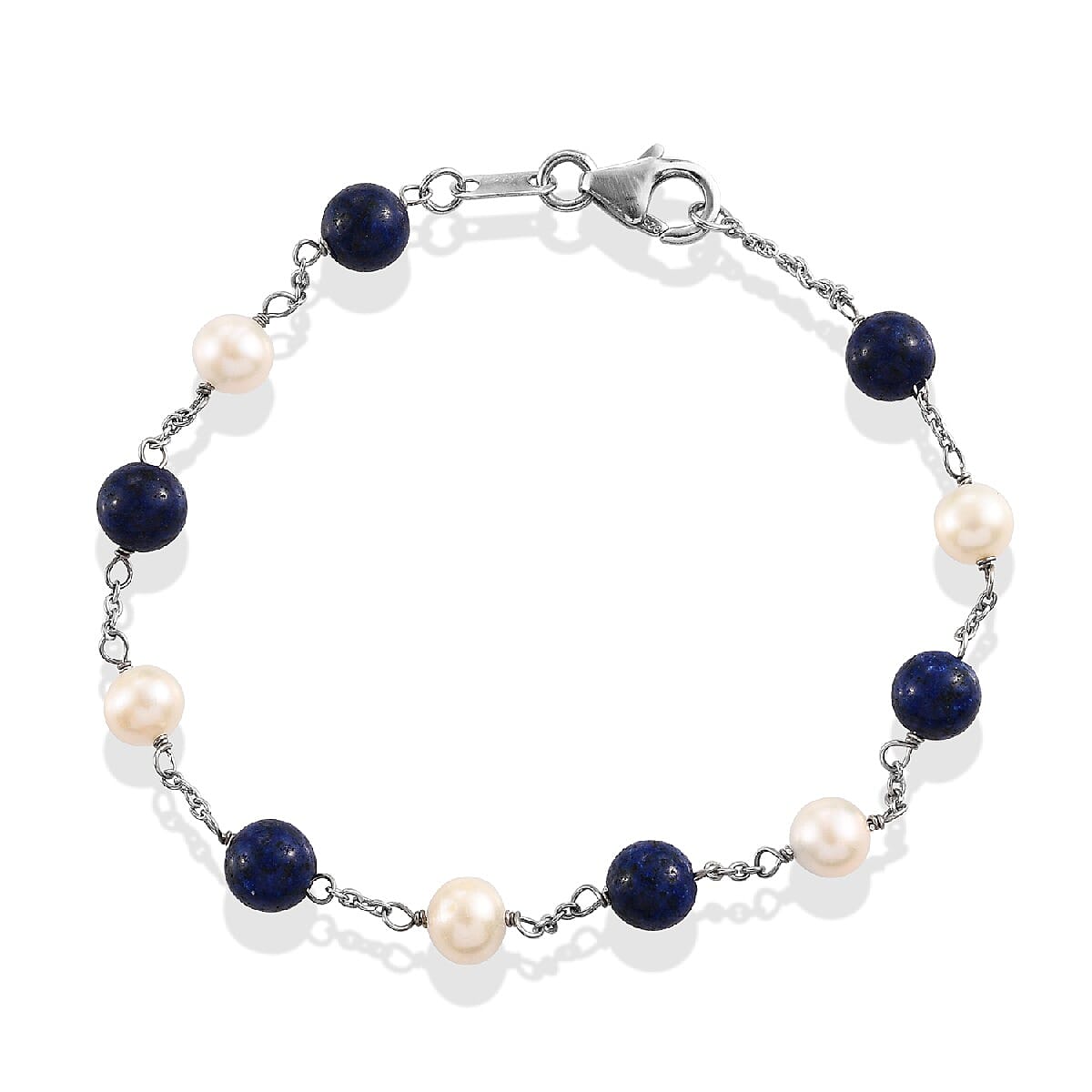 Freshwater Pearl and Lapis Lazuli  Bracelet (Size 7.5) in Sterling Silver