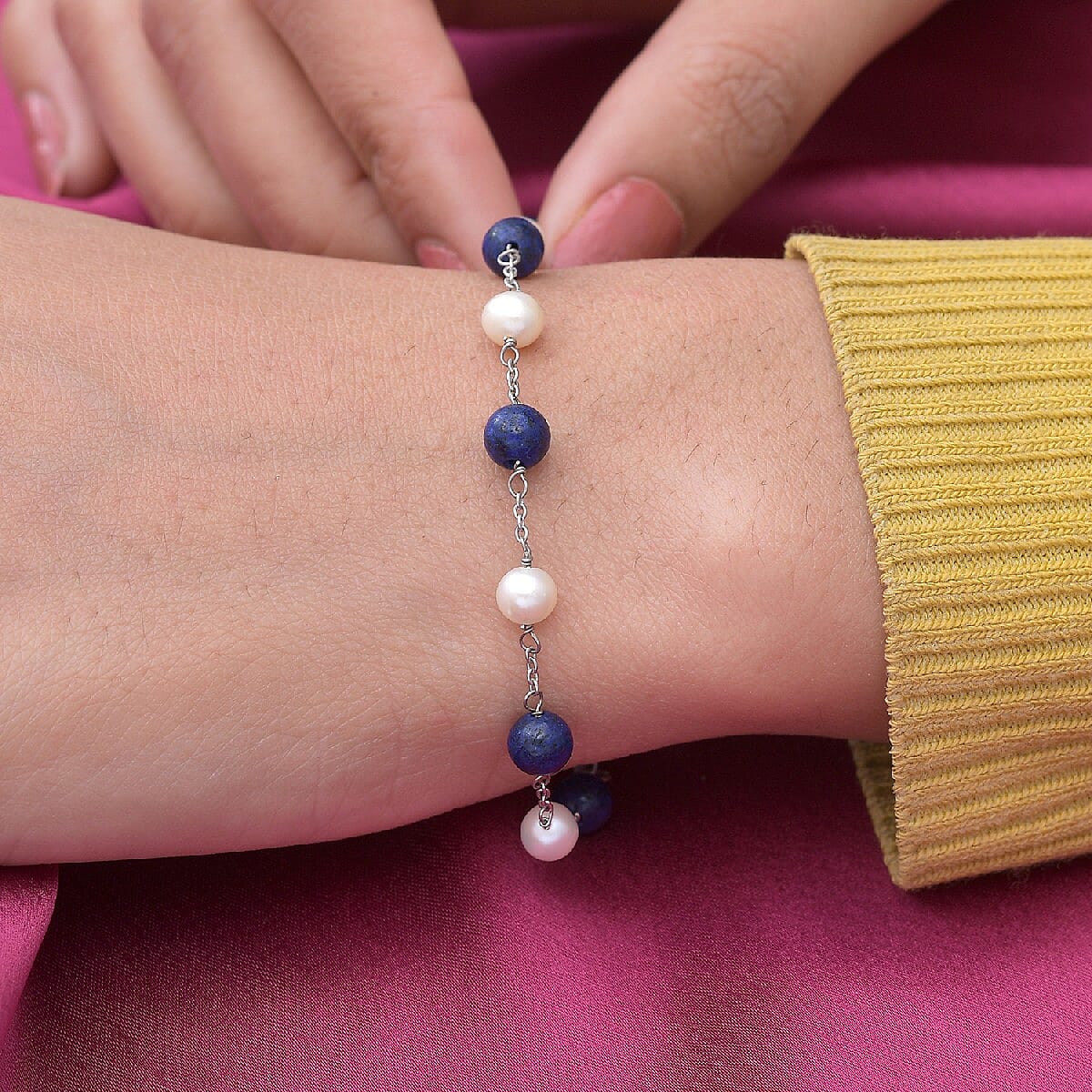 Freshwater Pearl and Lapis Lazuli  Bracelet (Size 7.5) in Sterling Silver