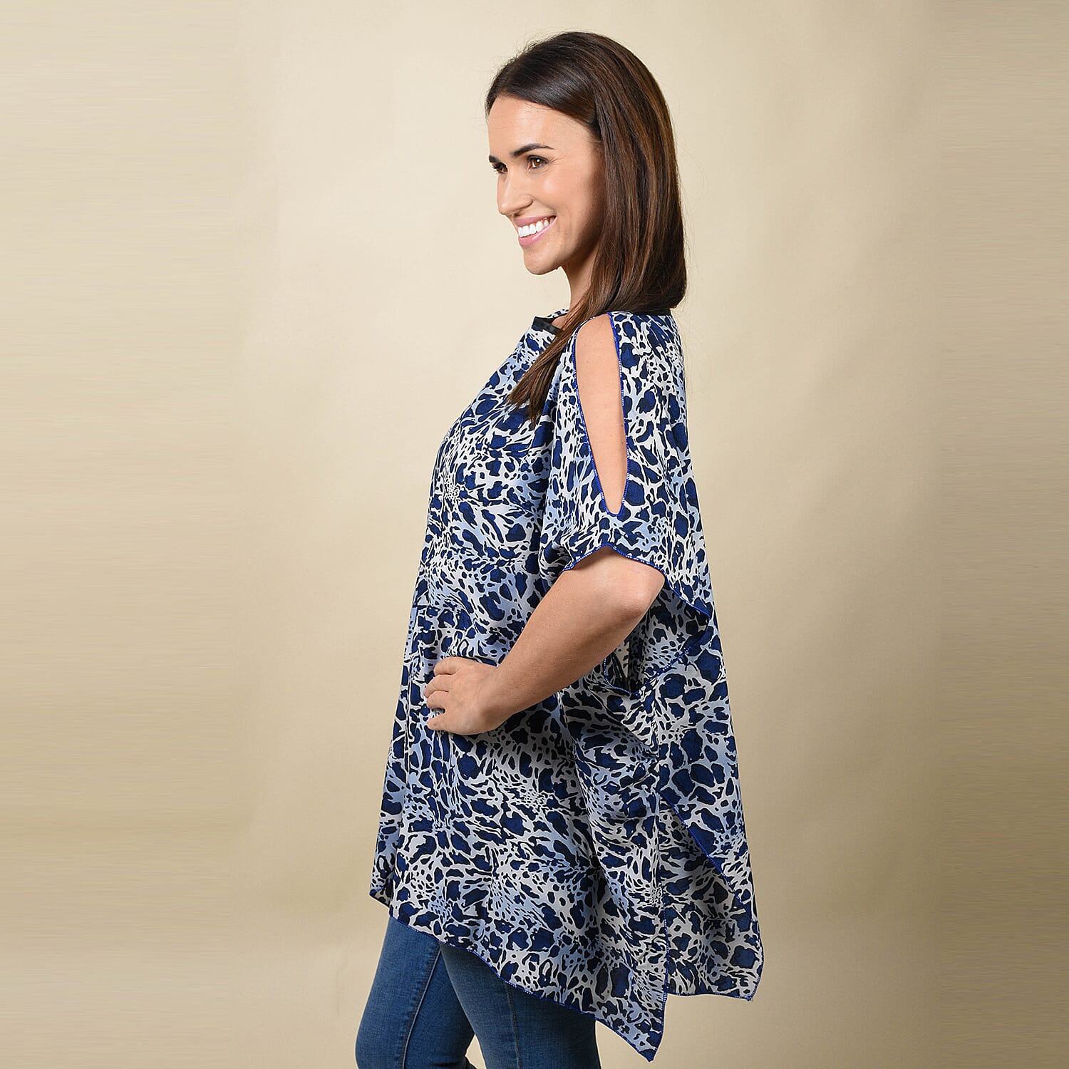 Leopard Print Blouse with Open Shoulder Design in Blue (Free Size/Length72 cm)