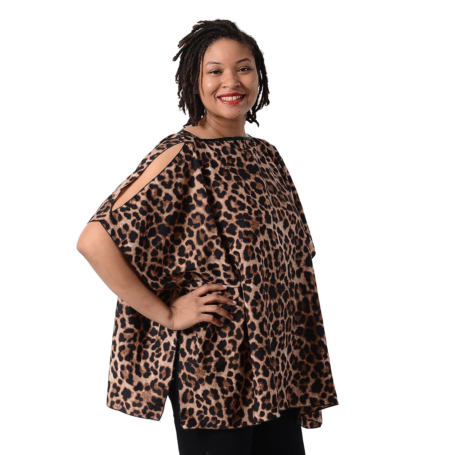 Leopard Print Blouse with Open Shoulder Design in Brown (Free Size / Length72 cm)