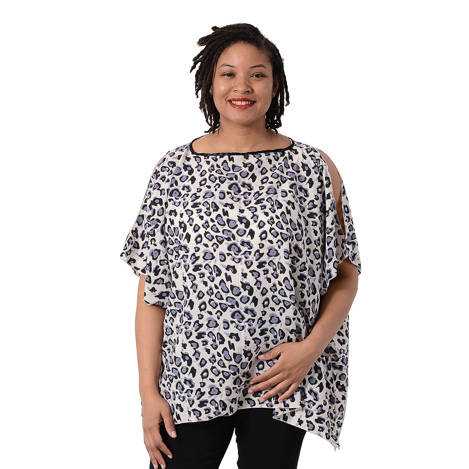 Leopard Print Blouse with Open Shoulder Design in Light Purple (Free Size / Length72 cm)