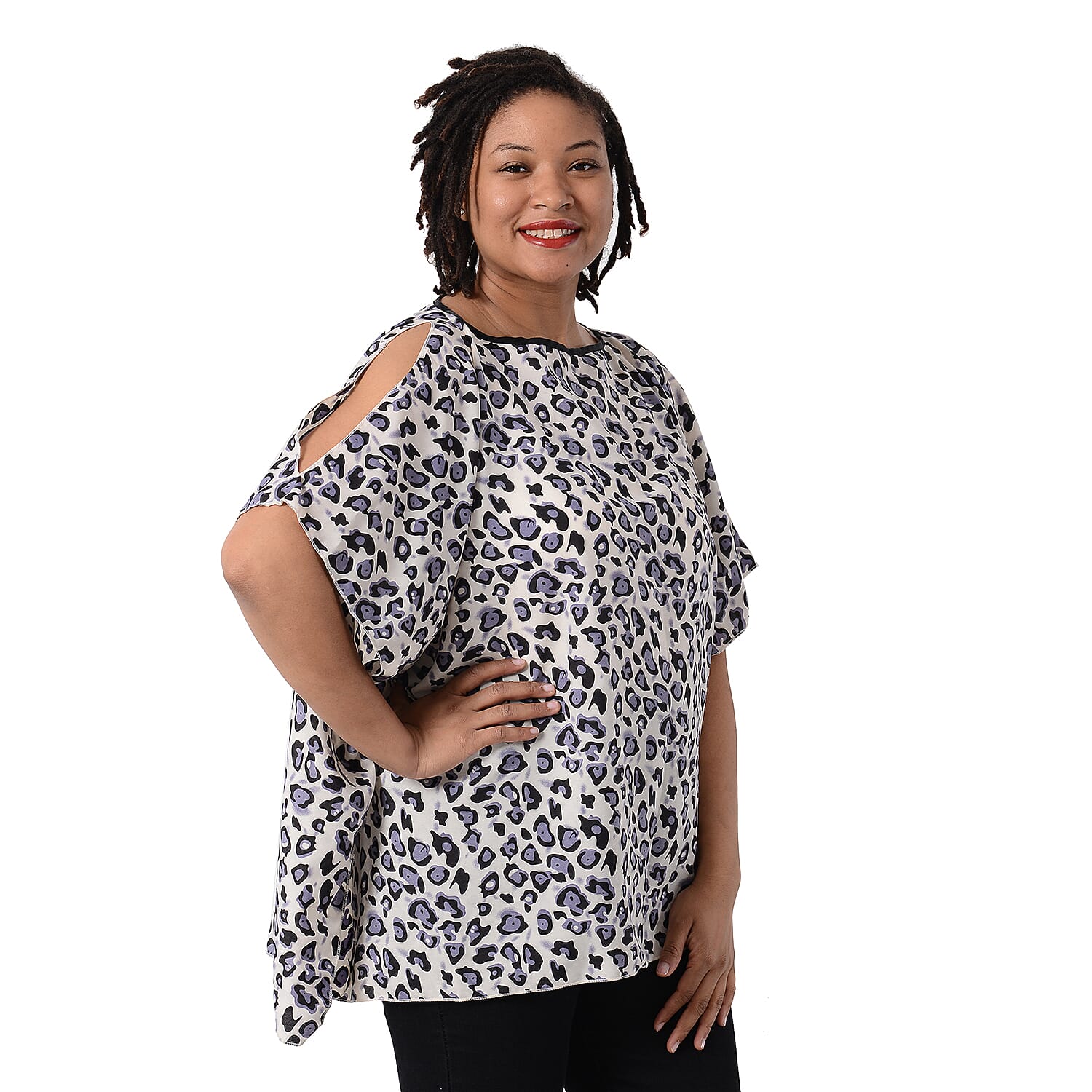 Leopard Print Blouse with Open Shoulder Design in Light Purple (Free Size / Length72 cm)