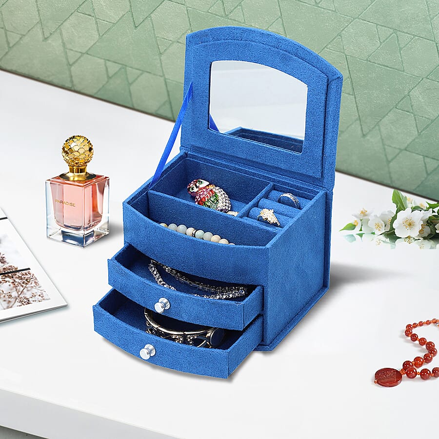 3 layer Fan-shape velvet jewelry box with mirror and 2 removable drawers