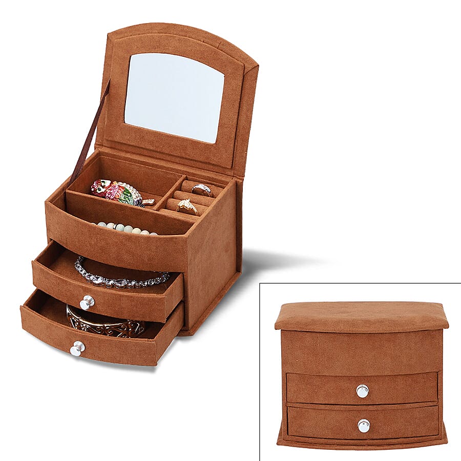 3 Layer Velvet Jewellery Box with Mirror and 2 Removable Drawer (Size 15x12x11Cm) - Brown