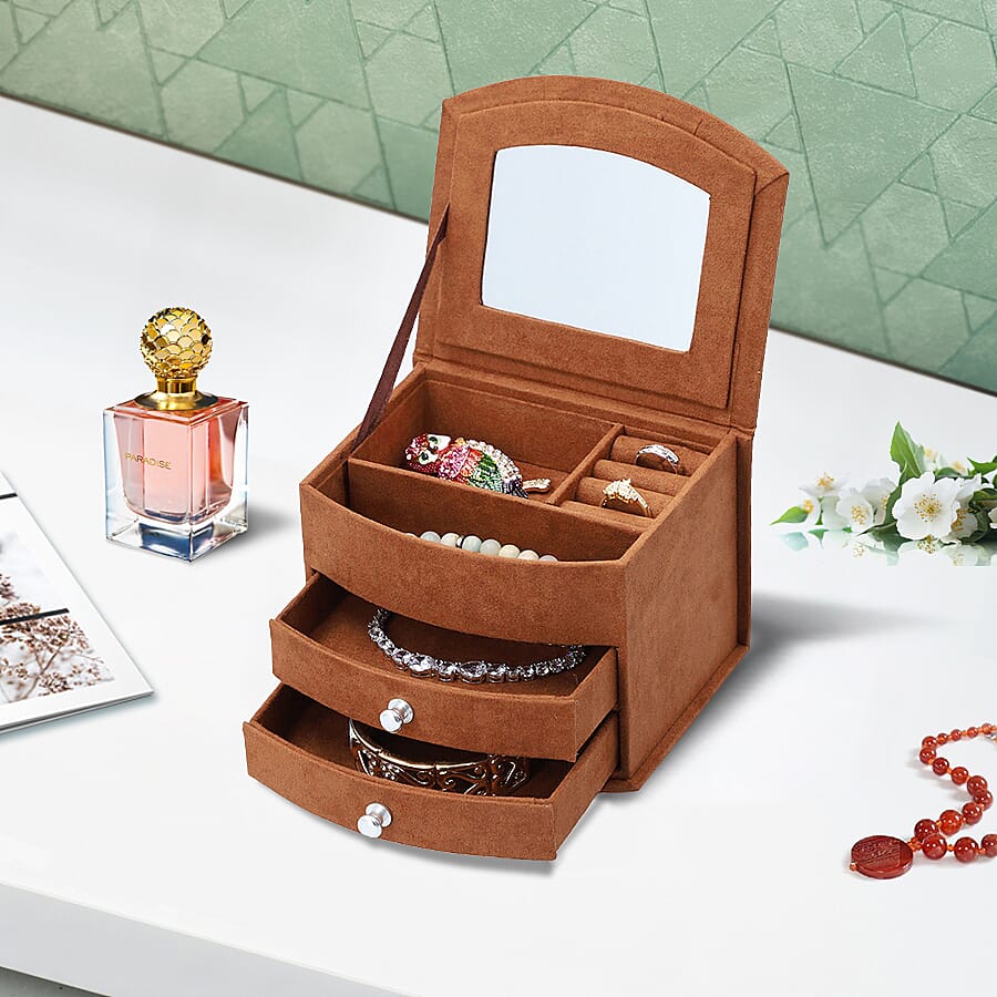 3 Layer Velvet Jewellery Box with Mirror and 2 Removable Drawer (Size 15x12x11Cm) - Brown