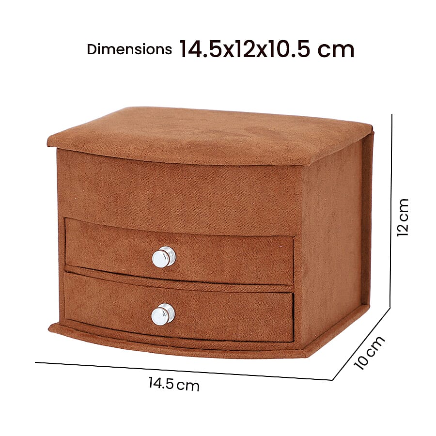 3 Layer Velvet Jewellery Box with Mirror and 2 Removable Drawer (Size 15x12x11Cm) - Brown