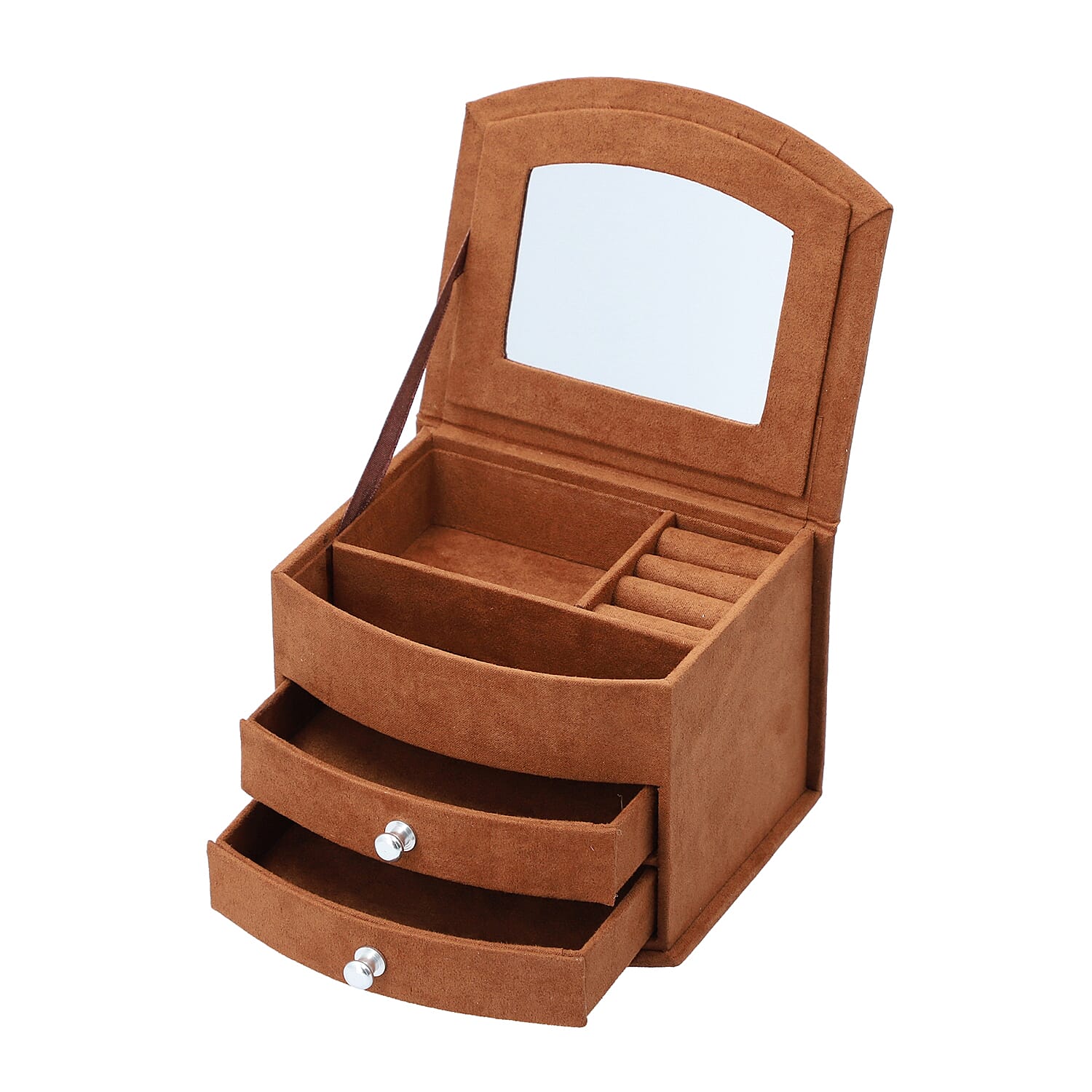 3 Layer Velvet Jewellery Box with Mirror and 2 Removable Drawer (Size 15x12x11Cm) - Brown