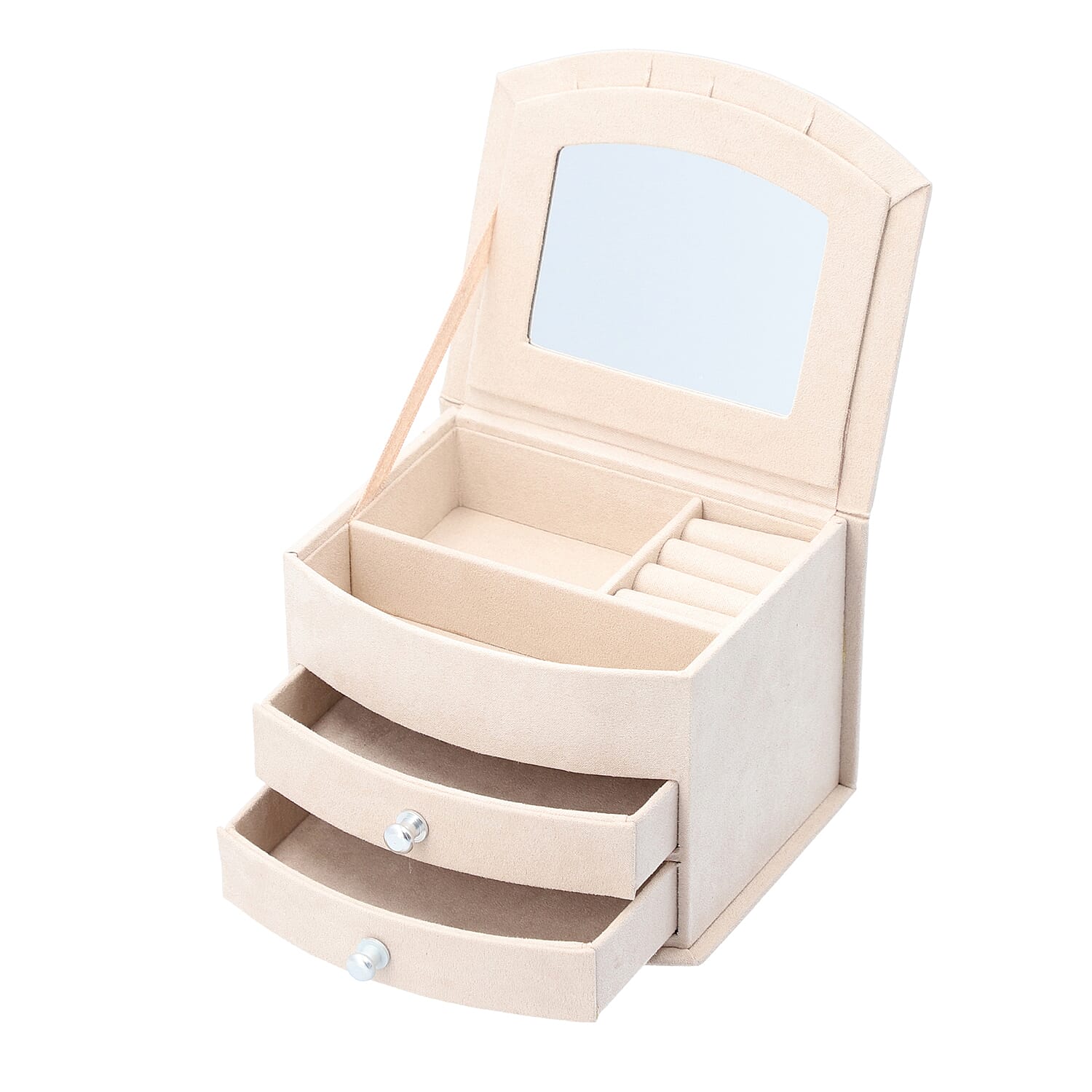 3 Layer Velvet Jewellery Box with Mirror and 2 Removable Drawer (Size 15x12x11Cm) - Ivory