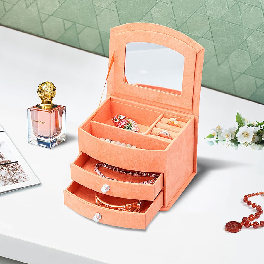 3 Layer Velvet Jewellery Box with Mirror and 2 Removable Drawer (Size 15x12x11Cm) - Orange