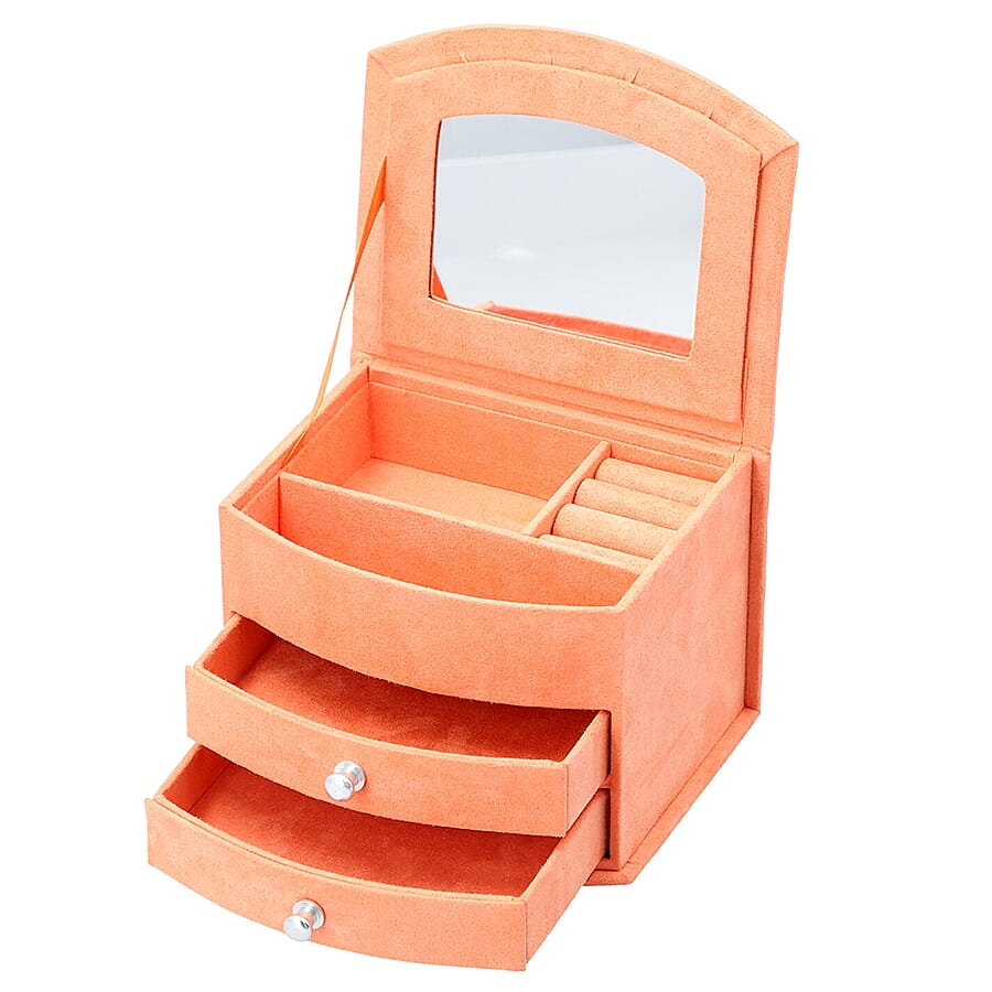 3 Layer Velvet Jewellery Box with Mirror and 2 Removable Drawer (Size 15x12x11Cm) - Orange
