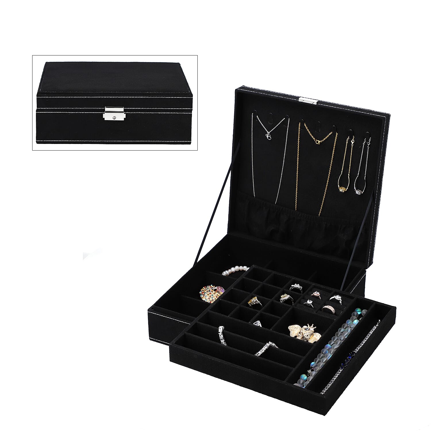 2 tier velvet Jewelry box with lock and key top inside has 8 necklace hooks pocket removable tray has 13  sections 8 Ring slot and 5 long bracelet sections bottom tier has 9 sections