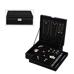 2 tier velvet Jewelry box with lock and key top inside has 8 necklace hooks pocket removable tray has 13  sections 8 Ring slot and 5 long bracelet sections bottom tier has 9 sections