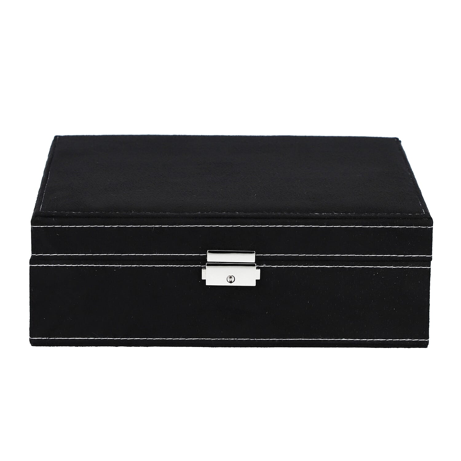 2 tier velvet Jewelry box with lock and key top inside has 8 necklace hooks pocket removable tray has 13  sections 8 Ring slot and 5 long bracelet sections bottom tier has 9 sections