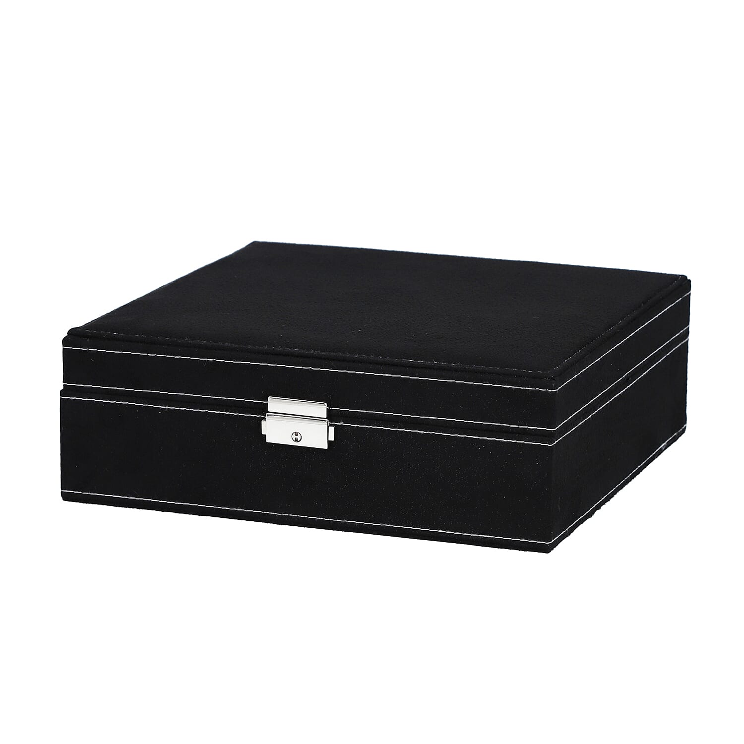 2 tier velvet Jewelry box with lock and key top inside has 8 necklace hooks pocket removable tray has 13  sections 8 Ring slot and 5 long bracelet sections bottom tier has 9 sections