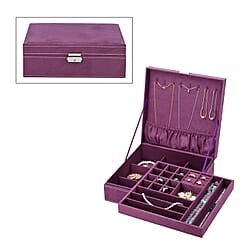 2 tier velvet Jewelry box with lock and key top inside has 8 necklace hooks pocket removable tray has 13  sections 8 Ring slot and 5 long bracelet sections bottom tier has 9 sections