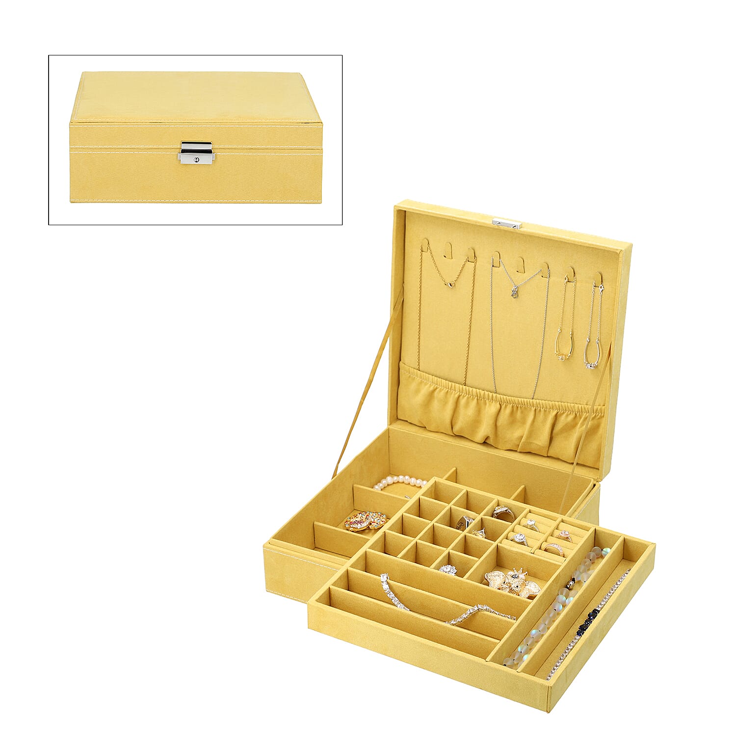 2 Tier Velvet Jewellery Box with Lock and Key (Size 26x26x9Cm) - Mustard