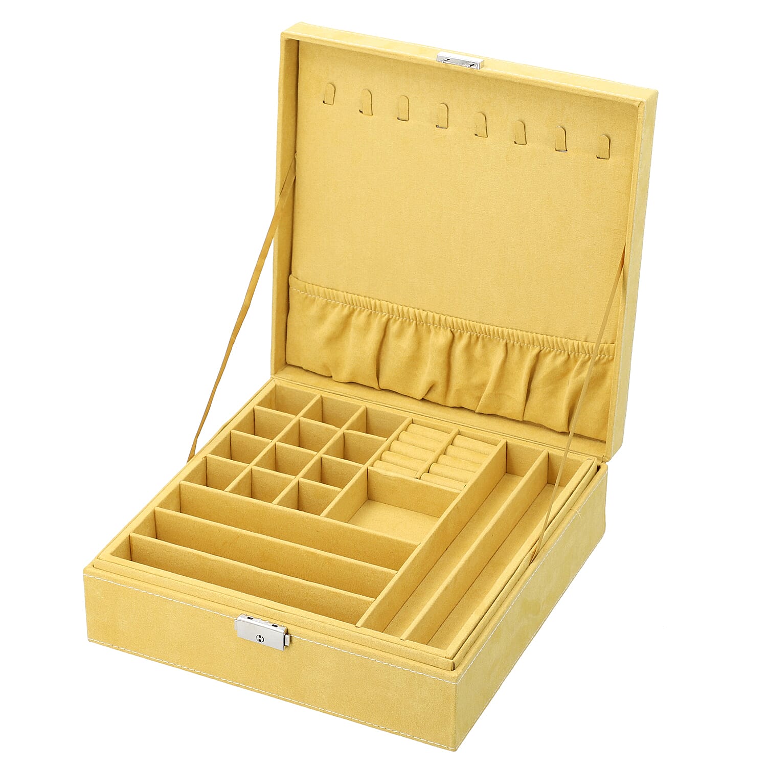 2 Tier Velvet Jewellery Box with Lock and Key (Size 26x26x9Cm) - Mustard
