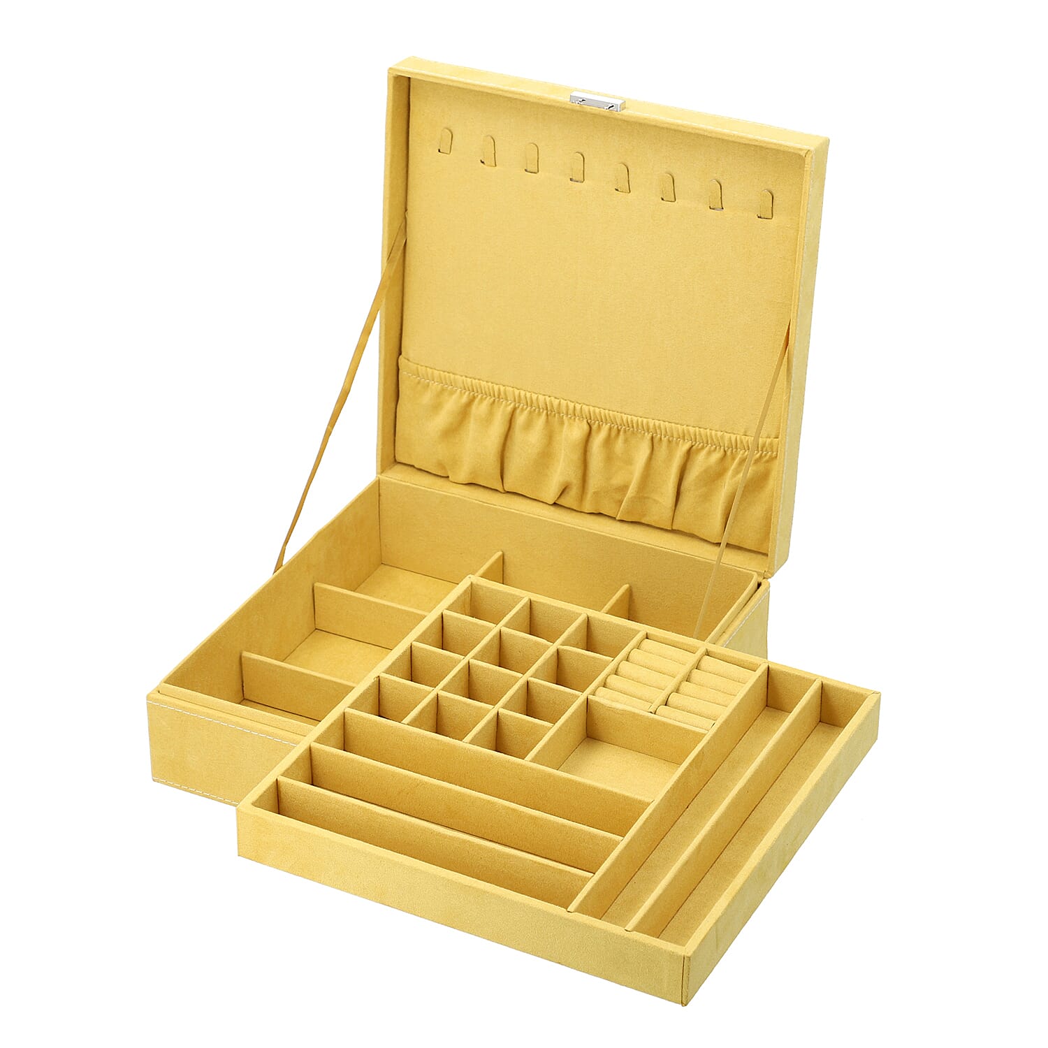 2 Tier Velvet Jewellery Box with Lock and Key (Size 26x26x9Cm) - Mustard