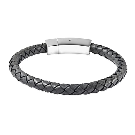 100% Genuine Leather Bracelet (Size 8) with Magnetic Lock in Stainless Steel - Grey