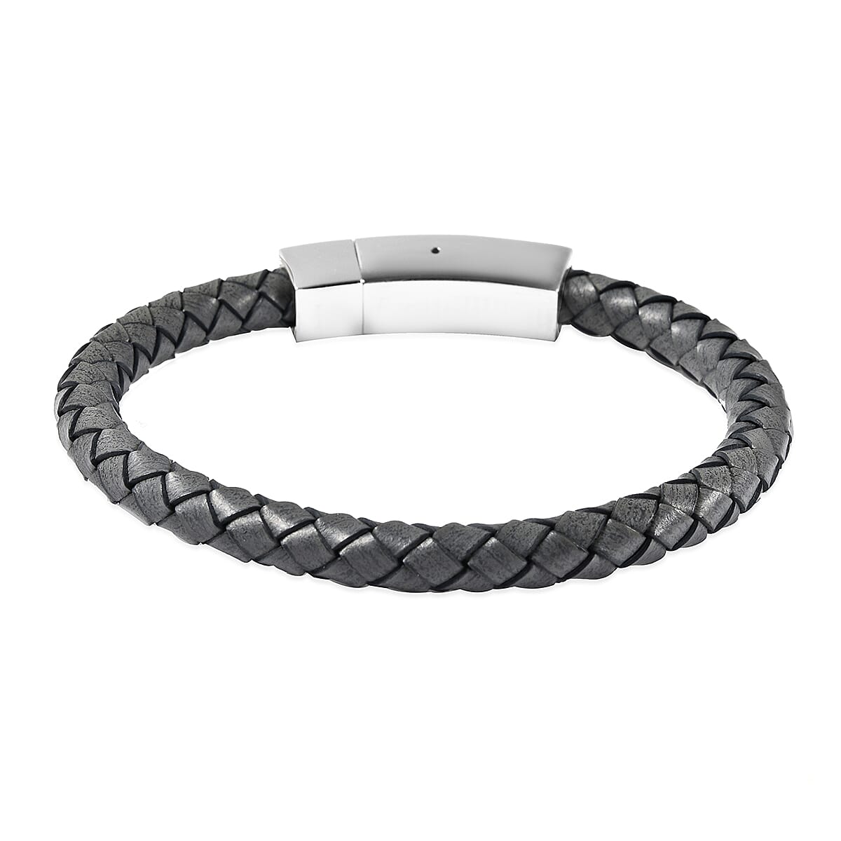 100% Genuine Leather Bracelet (Size 8) with Magnetic Lock in Stainless Steel - Grey