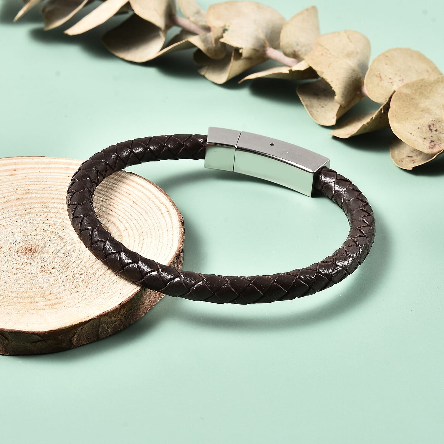 Brown Genuine Leather Bracelet (Size 8) with Magnetic Lock in Stainless Steel