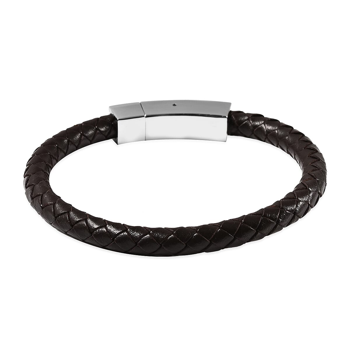 Brown Genuine Leather Bracelet (Size 8) with Magnetic Lock in Stainless Steel