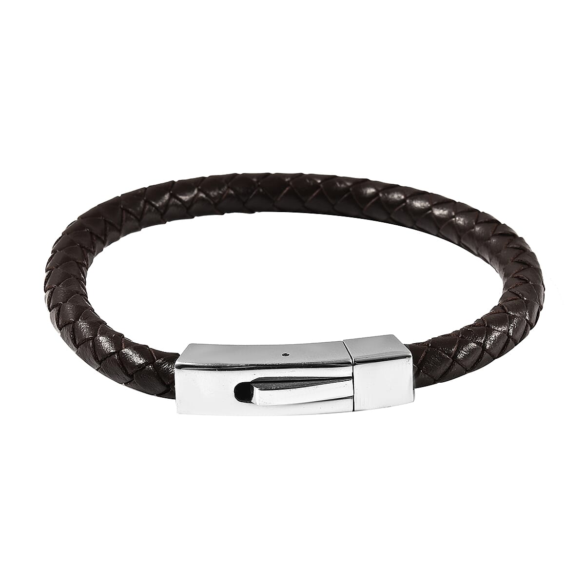 Brown Genuine Leather Bracelet (Size 8) with Magnetic Lock in Stainless Steel