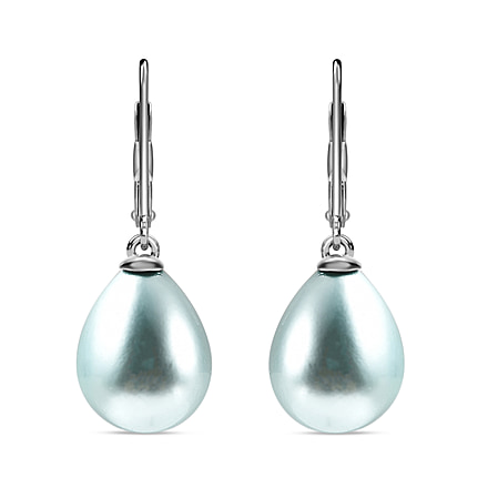 Blue Shell Pearl Solitaire Drop Earrings in Sterling Silver with Rhodium Plating