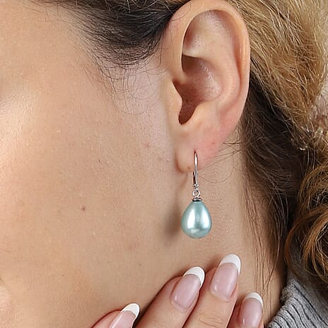 Blue Shell Pearl Drop Lever Back Earrings With Lever Back in Rhodium Overlay Sterling Silver 27.0 Ct
